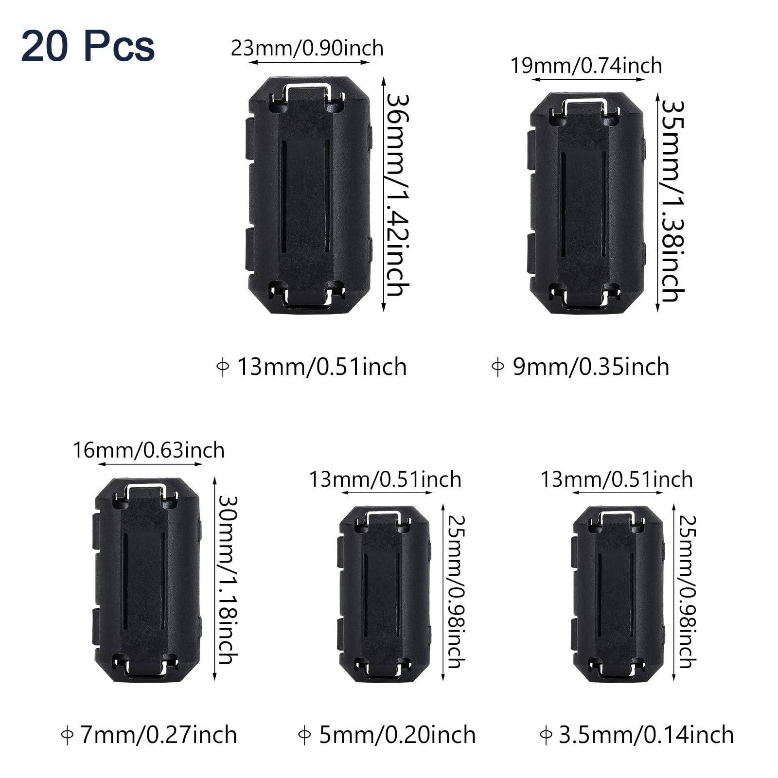 Pince à Perles De Ferrite à Noyau D'Anneau De 3.5/5/7/9/13mm, Bobine De Starter EMI RFI, Filtre De Bruit, Câble à Pression Magnétique Noir, 20 Pièces