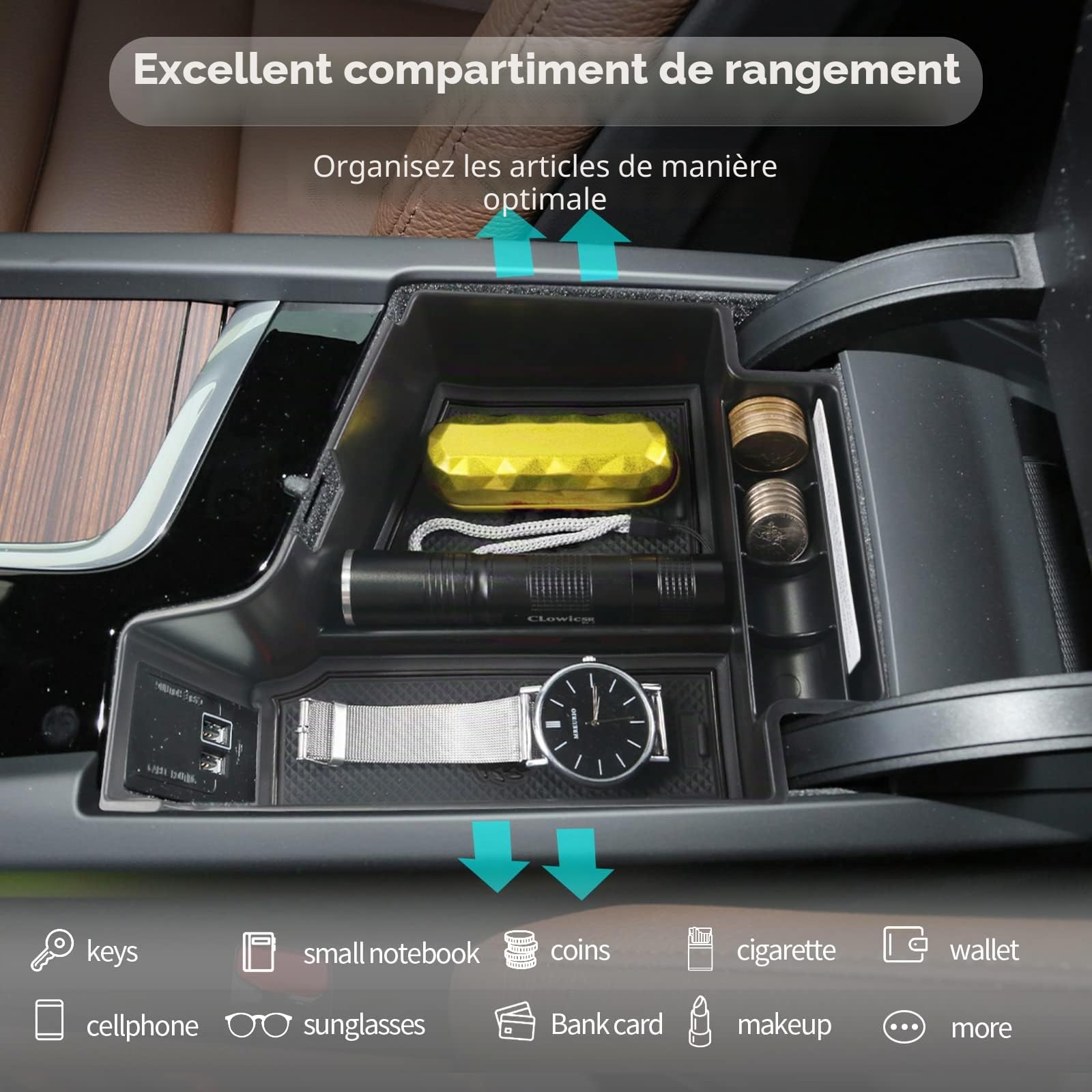 CDEFG Compatible avec Volvo XC60 XC90 V60 S60 V90 S90 2017-2024 2025 Console centrale Accoudoir Boîte à gants Boîte de rangement pour console centrale de voiture Plateau XC60 XC90 Accessoires