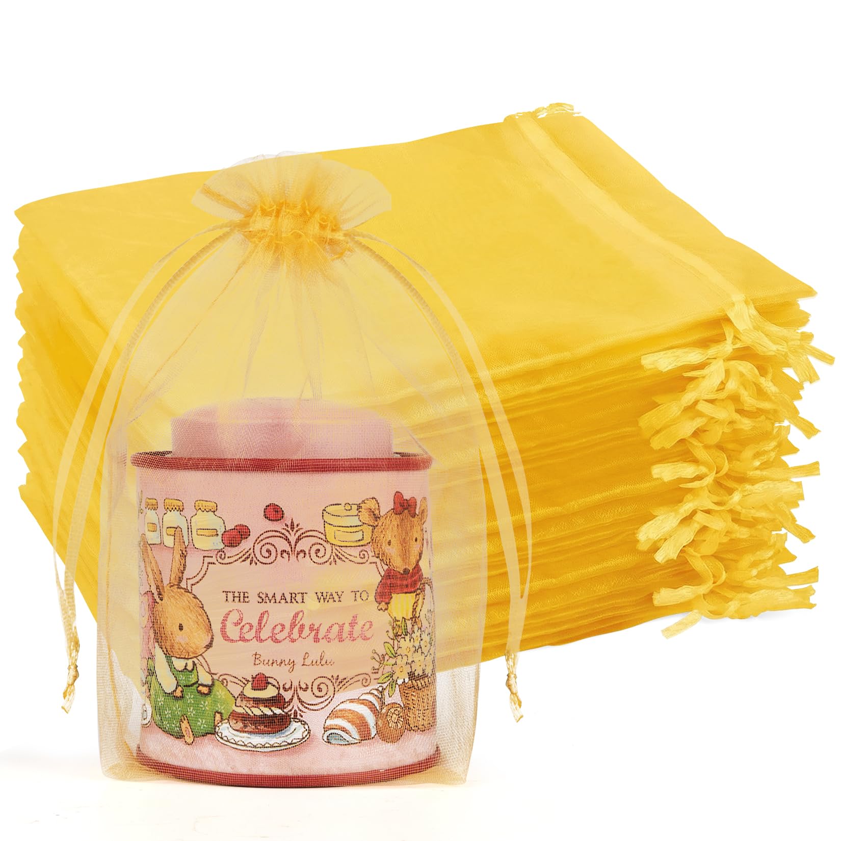 Crweety 50 Pcs Organza Bags 5x7, Gold Small Mesh Gift Bags Drawstring Bulk