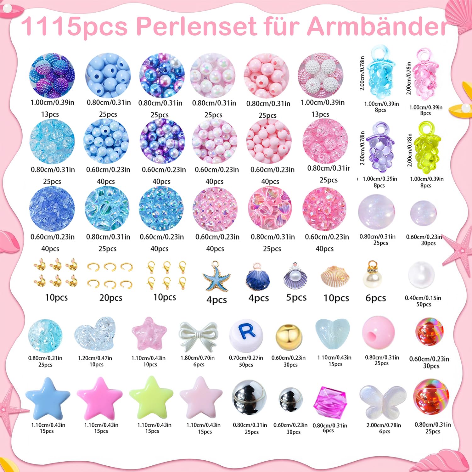 YJWZ 1115pcs Stück Perlenset für Armbänder - 48 Farben Meeresthema Bastelset, Perlenset Kinder ab 4 Jahre & Erwachsene inkl Schmuckzubehör zum Auffädeln | DIY Armband Selber Machen Kit