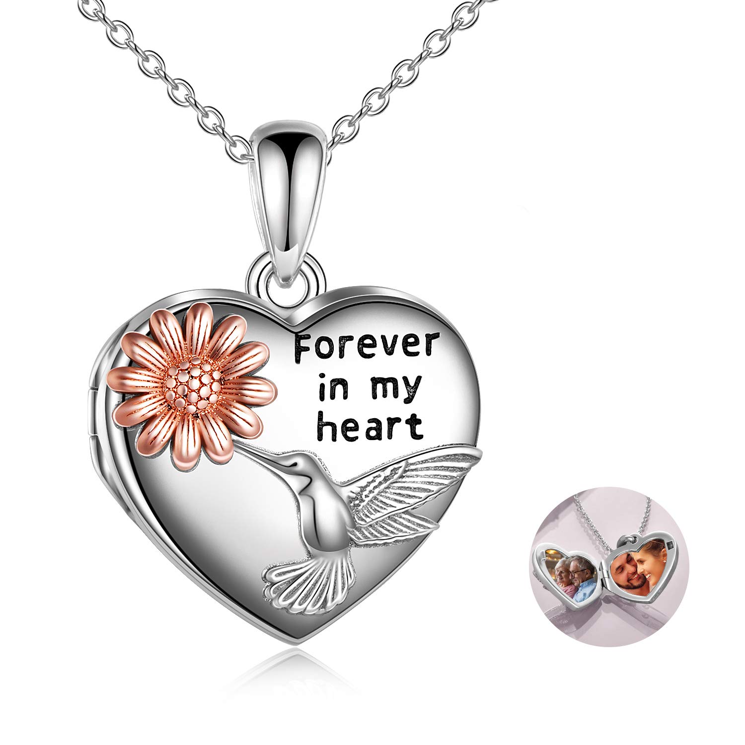 JERWLI Medaglione a forma di cuore in argento 925 girasole colibrì foto medaglione collana gioielli regalo per donne ragazze, Argento sterling