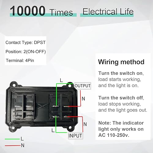Miniatura 6 de Meskliu Interruptor de cable en línea impermeable, DPST AC 20A-125V, 16A-250V Interruptor de parada de arranque al aire libre, interruptor de