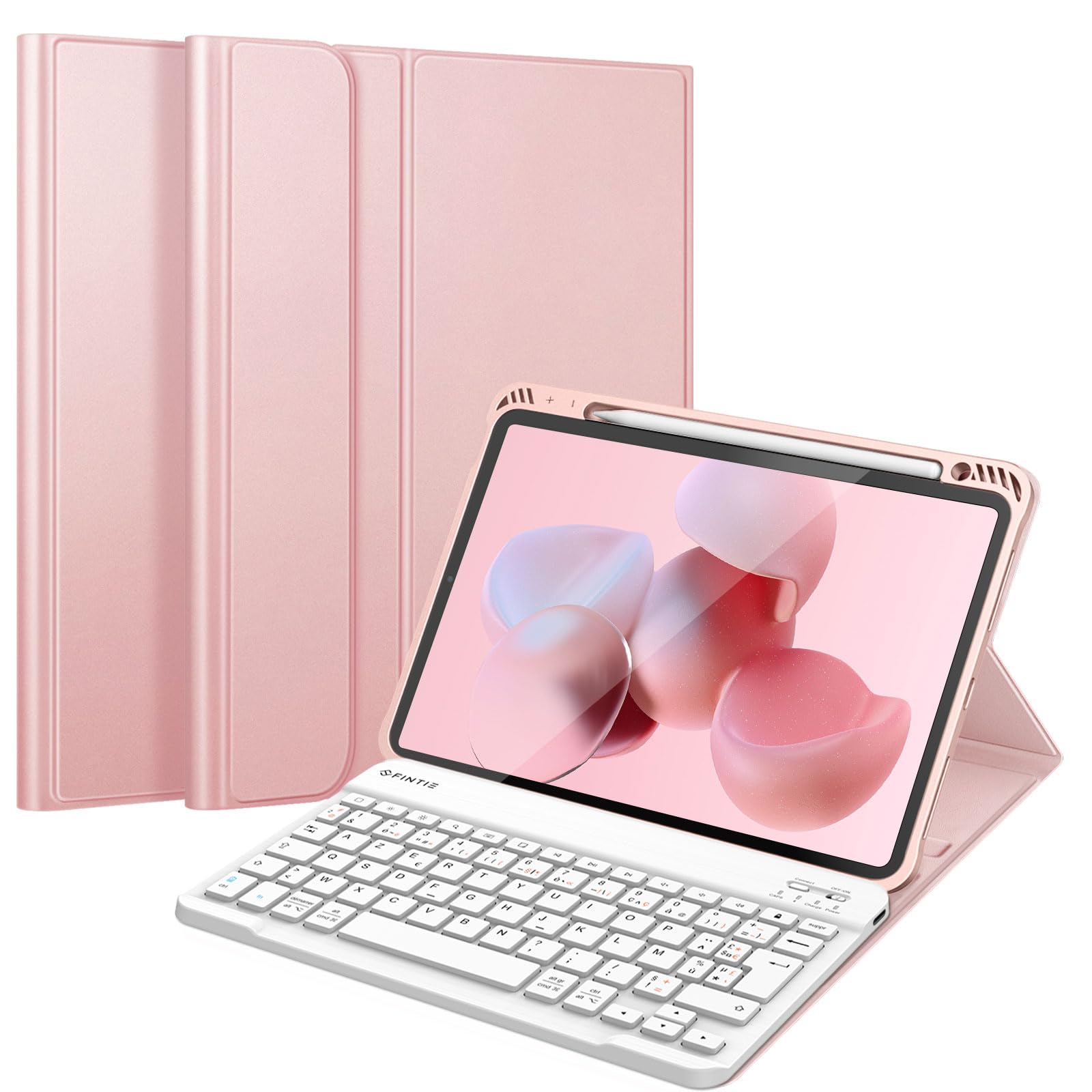 FINTIE Clavier pour iPad Air 11 Pouces M4/M3/M2 (2026/2025/2024) et iPad Air 5/4 10.9” (2022/2020), Clavier AZERTY sans Fil, Housse Multipositions avec Rangement de Stylet, Rose