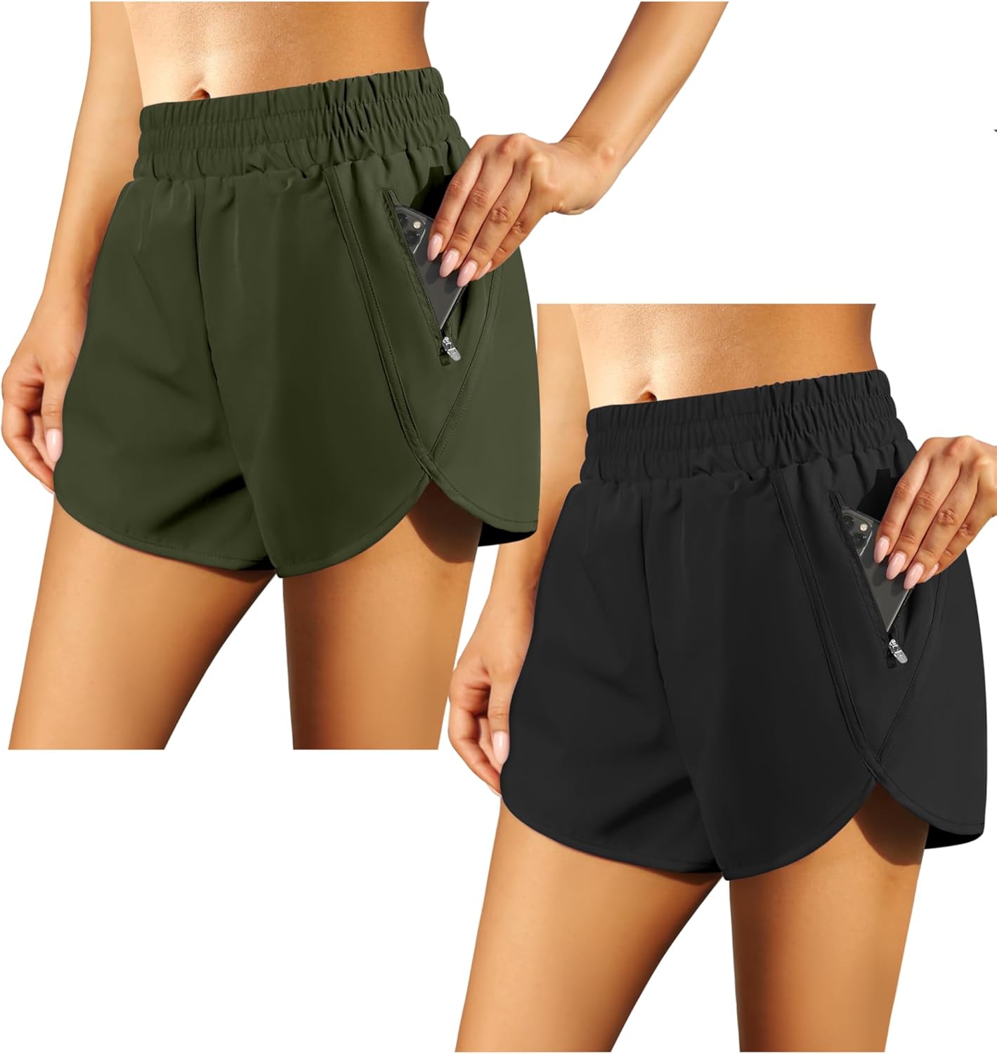 URATOT 2 Pack Women's Athletic Shorts Quick Dry High Waisted Running Shorts with Zip Pocket Gym Elastic Workout Short