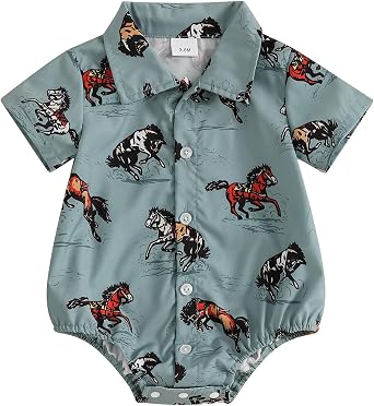 Western Baby Boy Clothes Cowboy Shirt Romper Short Sleeve Onesie Button Down Bodysuit Infant Summer Gentleman Outfit