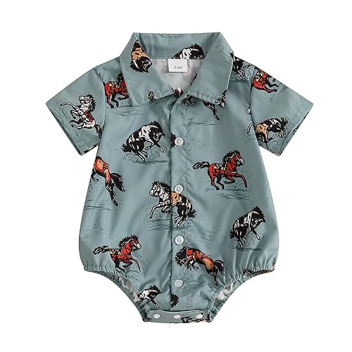 KtwHarnu Newborn Infant Western Baby Boy Clothes Cowboy Button Down Dress Shirt Bubble Romper Bodysuit Country Style Outfit - 3-6 Months - Blue