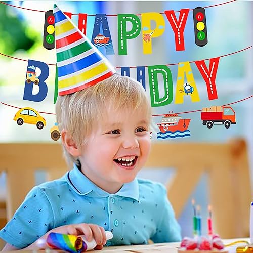 Miniatura 4 de Cartel de transporte de feliz cumpleaños, decoraciones para fiestas de cumpleaños, automóvil, autobús, tren, barco, helicóptero, semáforo,