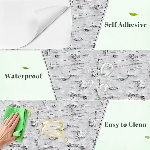 Miniatura 2 de Papel tapiz autoadhesivo de 17.7 x 118.1 pulgadas, textura de corteza de abedul blanco, nudos naturales, decoración de pared horizontal, papel de