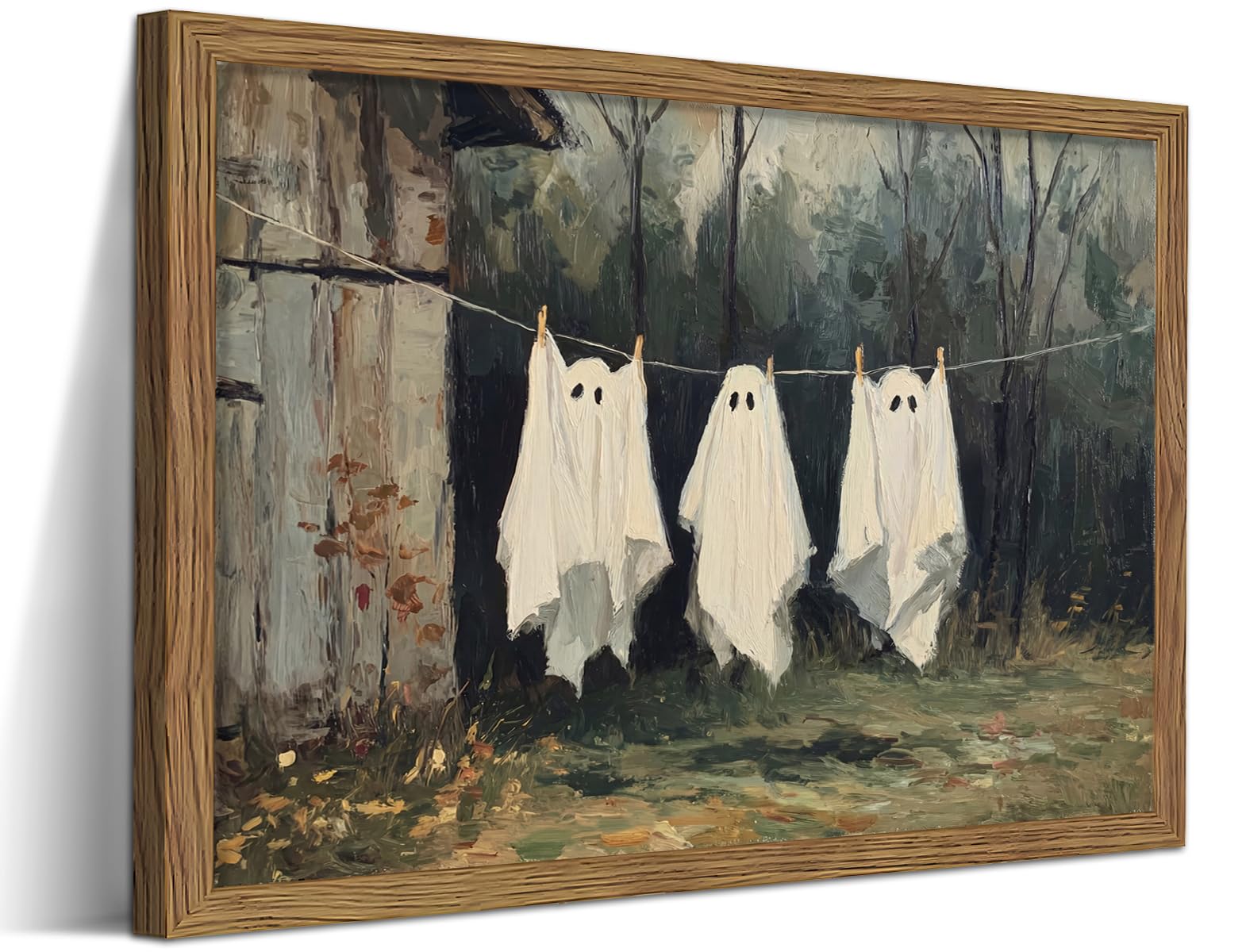 Halloween Ghost Wall Art, Vintage Rustic Cottage Clothesline Ghost Canvas Wall Decor Painting, Gothic Spooky Farmhouse Halloween Artwork Prints Pictures for Bedroom Bathroom 12X16 Inch Wood Framed