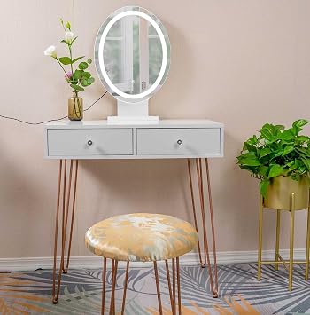 Vanity Desk with 3 Modes Adjustable Brightness Mirror, Dressing Table Vanity Set with Cushioned Stool for Women Girls, Modern Makeup Table with 2 Storage Drawers for Bedroom Studio, White