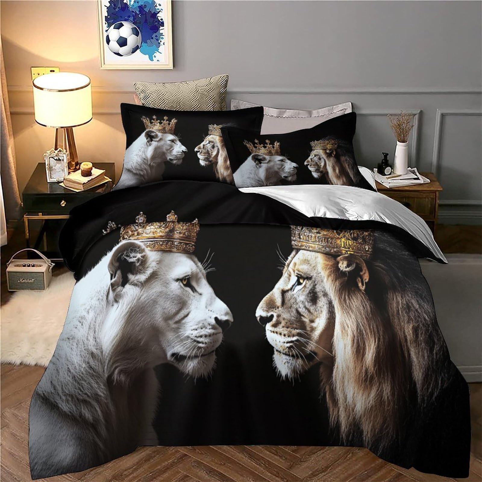 3D Bedruckte Königslöwen-Pärchen Bettbezug Mikrofaser Schlafzimmer Deko Löwen Bettwäsche Set Hautfreundlich Atmungsaktiv für Erwachsene Jugendliche Super King（260x220cm）