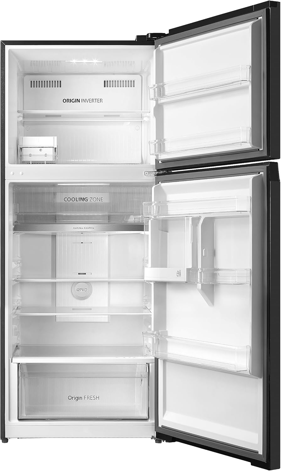 Interior view of the open refrigerator, showing shelves, door bins, and the Cooling Zone.