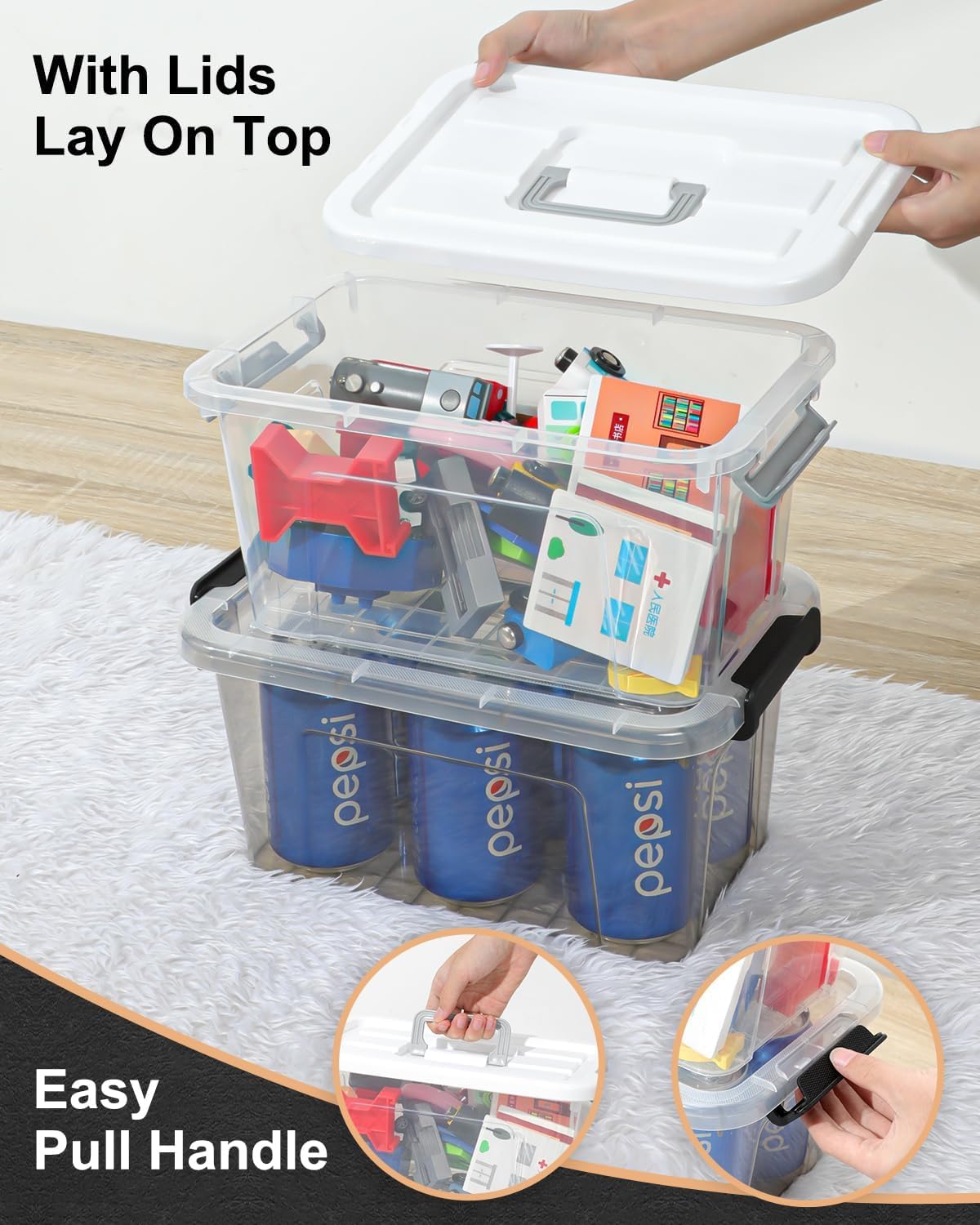 NUMIFUN 6x 8 L Aufbewahrungsbox mit Deckel, Transparent, Sicherer Verschluss, Stapelbare Aufbewahrungsboxen für Büro, Kinderzimmer, Kleiderschrank, Schule, Kunstzubehör, BPA-freies Plastik