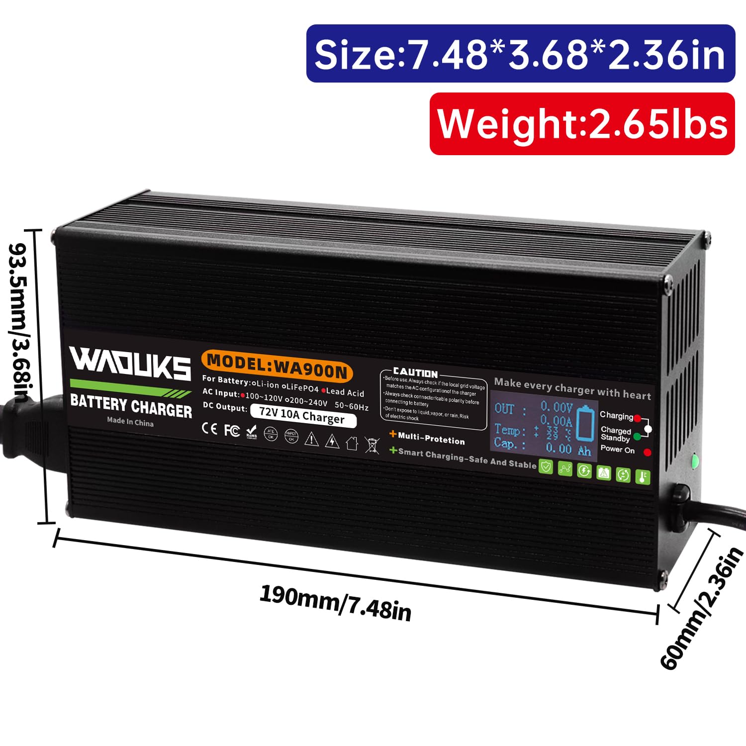 WAOUKS 72V 10A Lead Acid AGM Gel VRLA OPZV Battery Charger Used for 72V Lead Acid Battery with C13 N+L- Output Connector