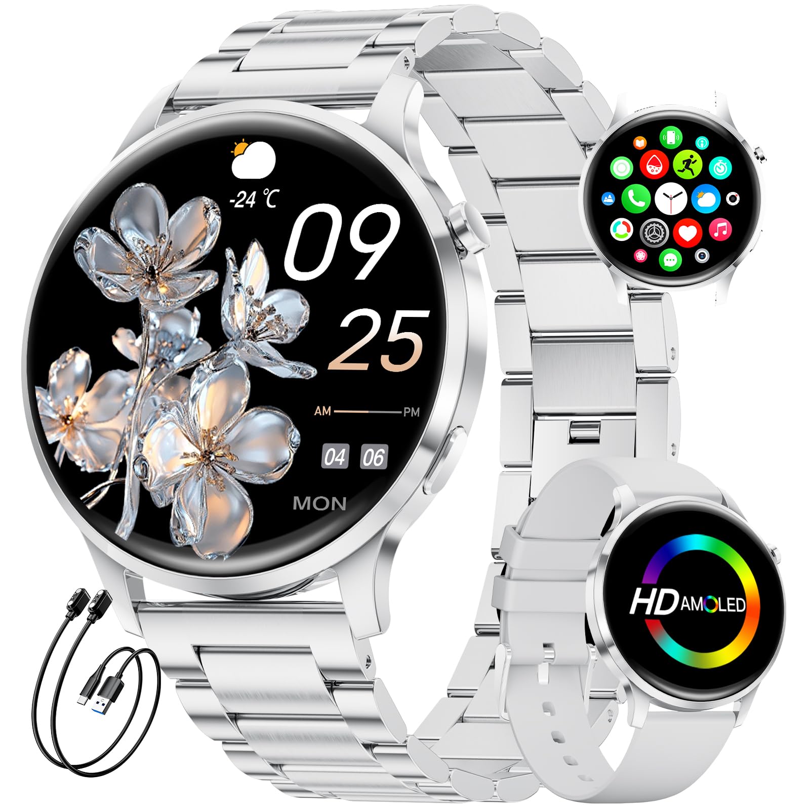 Smartwatch Damen mit Telefonfunktion, 1.32" AMOLED Fitnessuhr Smart Watch, 100+ Sportmodi Herzfrequenz Schlafmonitor Schrittzähler Uhr Damen, IP68 Wasserdicht Sportuhr für iOS Android (Silber)