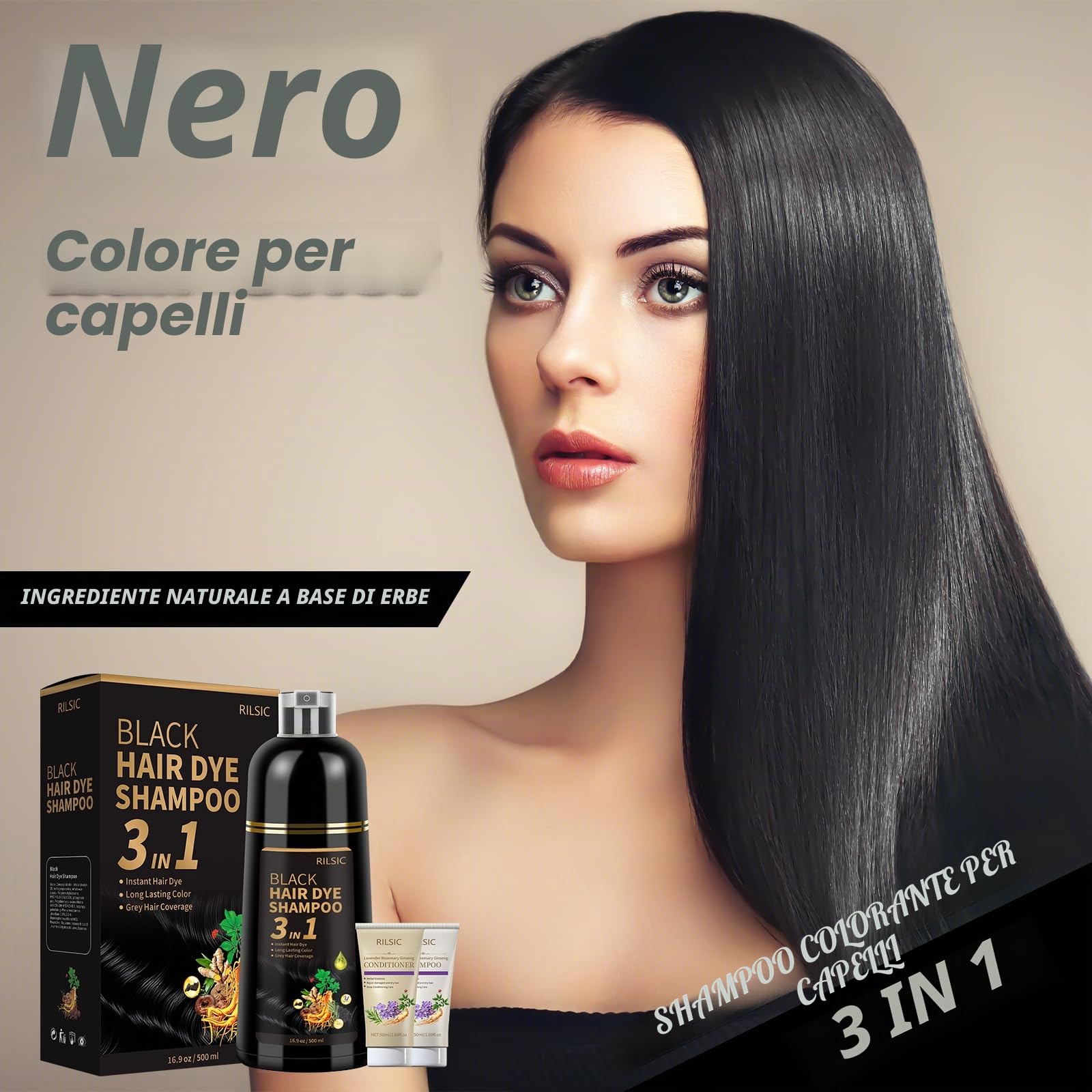 Shampoo Colorante, 500ml Hair Dye Shampoo 3 in 1 & 50ml Shampoos & 50ml Balsamo, Colorante Tinta Capelli Istantaneo, Naturale Hair Color per Donna Uomo (Nero, 600ML)