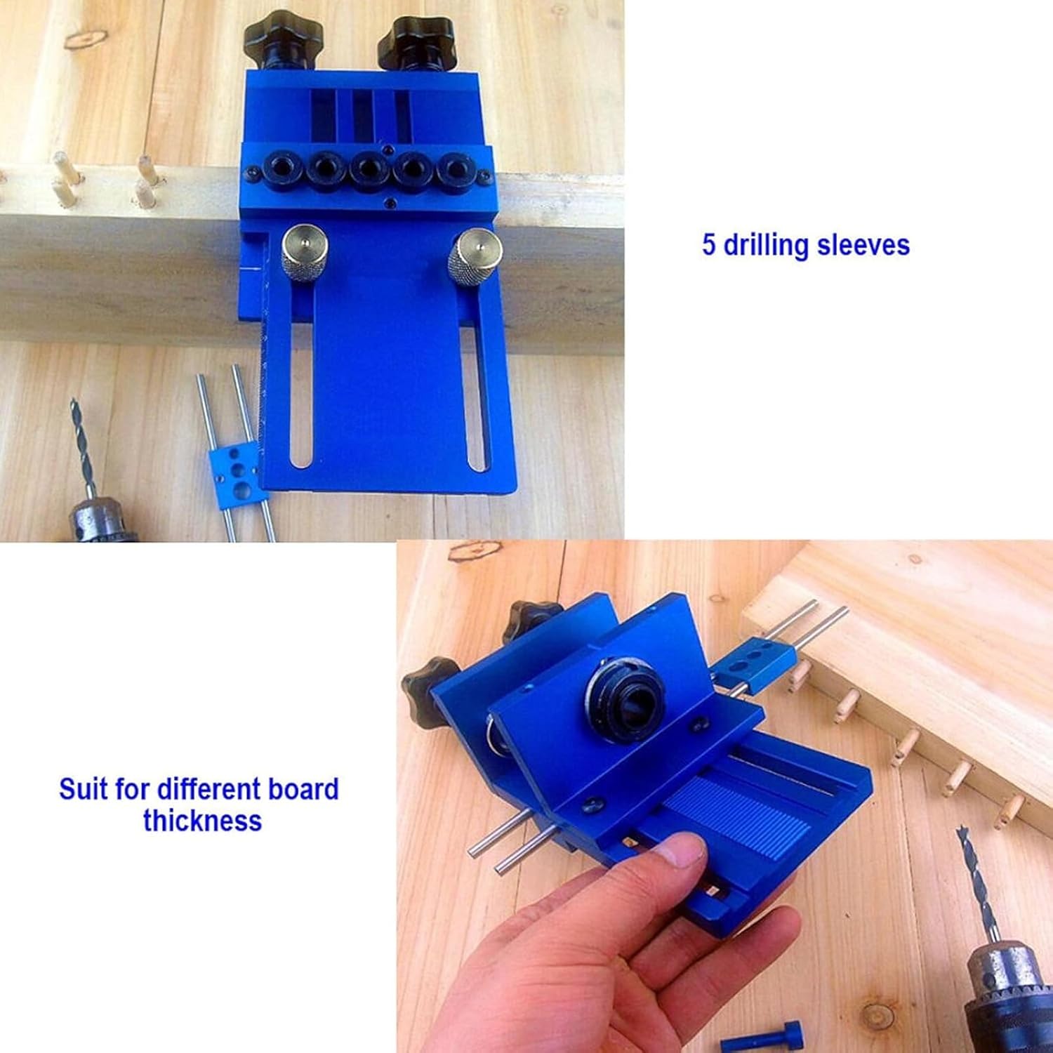 SINOCMP Doweling Jig Kit with 5 Dowel Drilling Sleeves (6/8/10mm) Adjustable Precision Woodworking Aluminum Alloy Dowel Jig Plastic Tool Box(Blue)