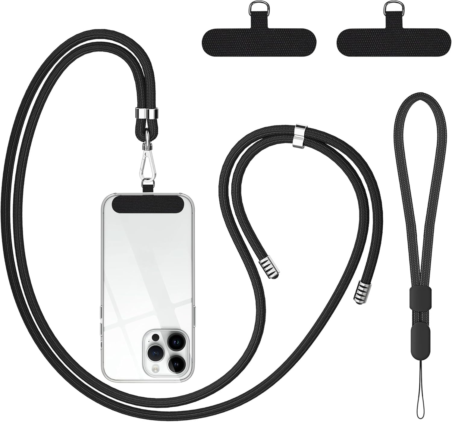 takyu Cell Phone Lanyard, Crossbody Phone Lanyard 1 Pack Adjustable Neck Strap and 1 Pcs Phone Wrist Strap with 2x Phone Tether Patches for Most Smartphones-Black
