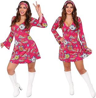 Ladies Hippy Costume 60s/70s Pink Dress + Headband - Buy now