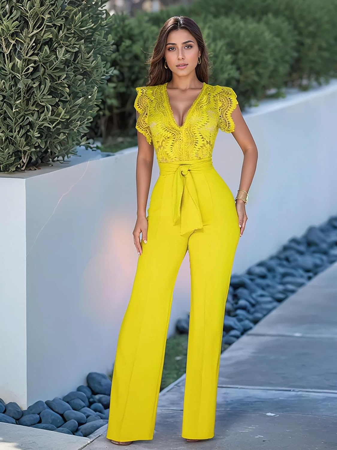 Self-Tie Belt Crochet Lace Jumpsuits for Women Formal Elegant - Image 2