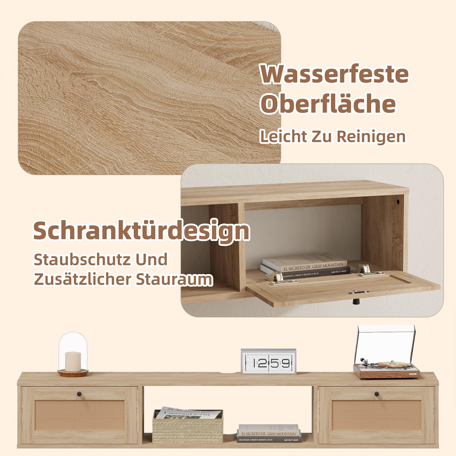Mueble de TV Flotante 145 cm, Mueble TV Suspendido para Televisores de hasta 65 Pulgadas, Mesa para TV con Puertas de Ratán y Espacio Abierto de Almacenamiento para Salón, Roble Claro