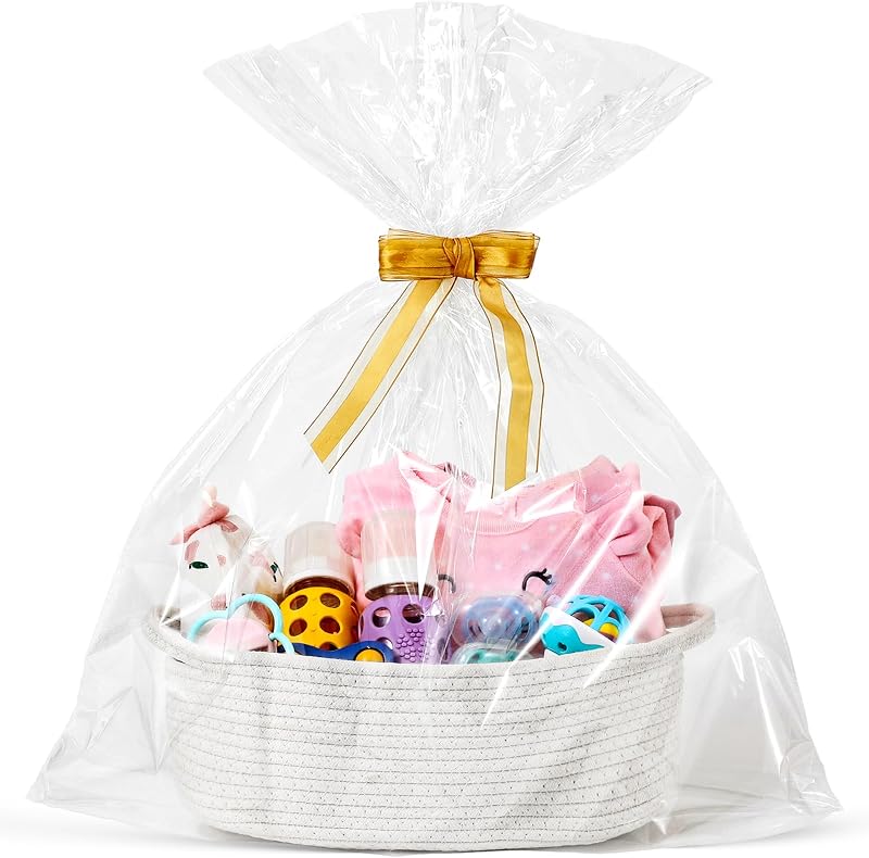 LANDNEOO Small Woven Basket with Gift Bags and Ribbons, Empty Decorative Gift Chest Box, Cute Baby Gift Basket for Nursery, Cotton Rope Room Shelf Storage Basket with Handles, 12"x 8"x 5",White