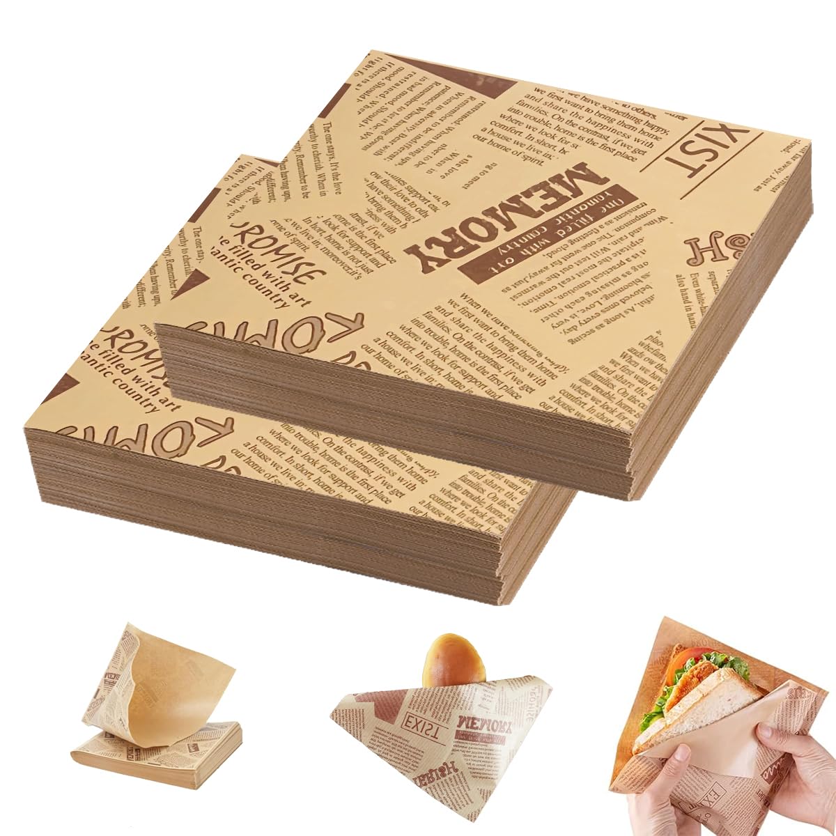 200 sztuk papierowych torebek do burgerów, burgerów, kanapek, 150 x 150 mm, stary styl druku gazet, torebki spożywcze na burgery, przekąski, frytki
