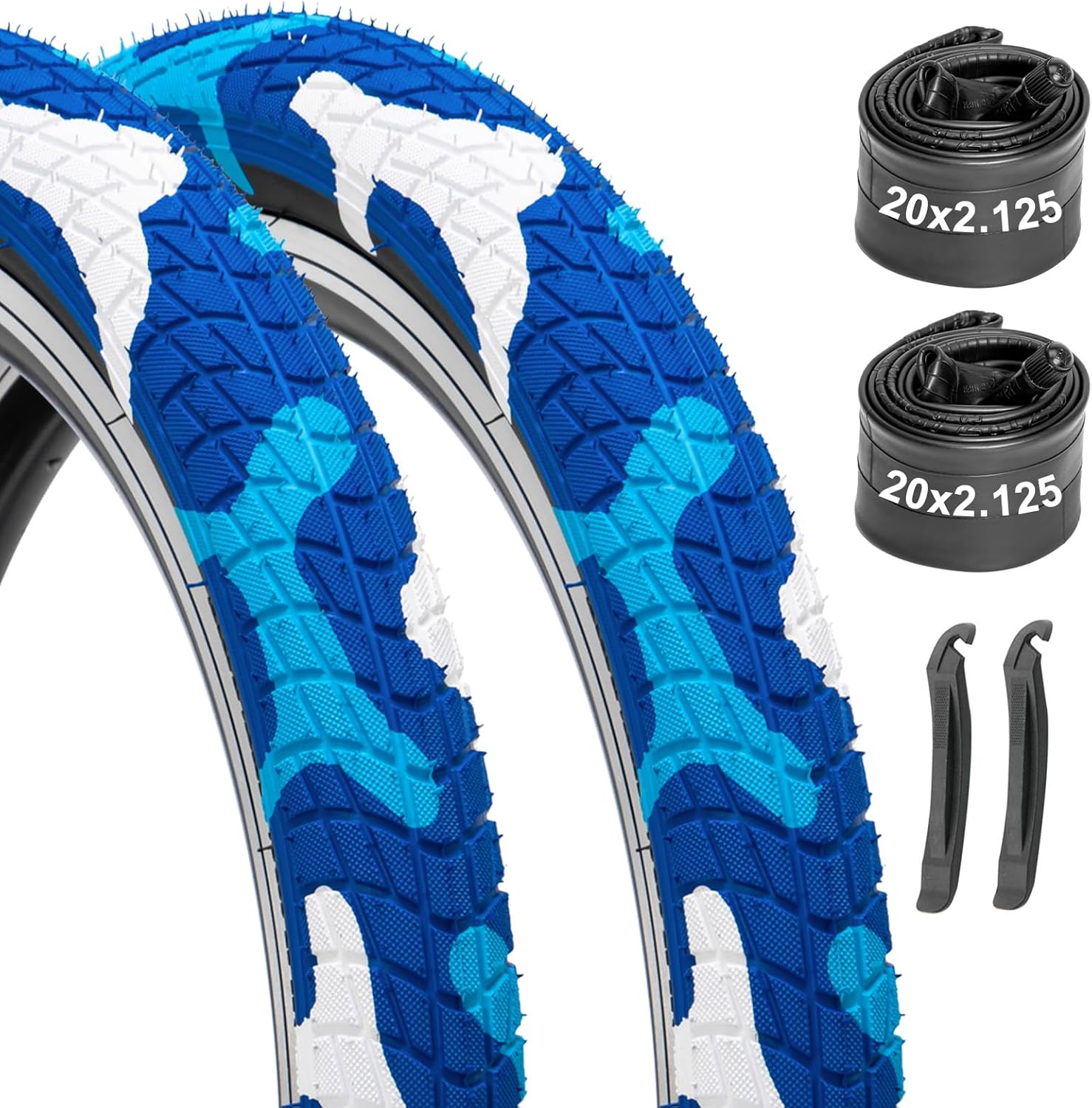 Bike Tires 16x2.125/20x2.125 2-Pack with Tubes & Levers - Compatible with Kids Bike, BMX, MTB, Mountain Bicycle - Camo Design, Thick Rubber, Puncture Resistant, Replacement Tires & Inner Tubes