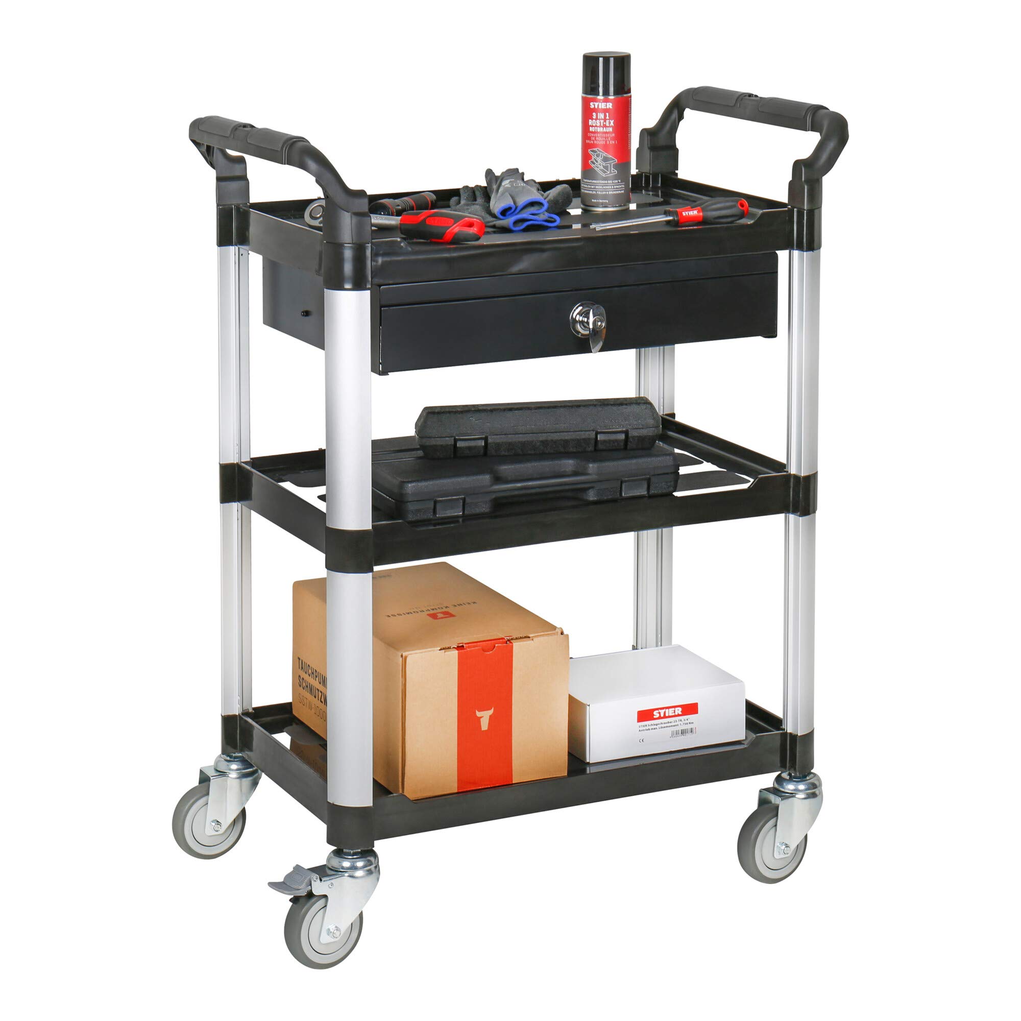 STIER Servierwagen, mit 3 Etagen und Schublade, LxBxH 750x460x925 mm, Tragfähigkeit 150 kg, 4 Lenkrollen, 2 Davon feststellbar, Etagenwagen, Schiebewagen, schwarz
