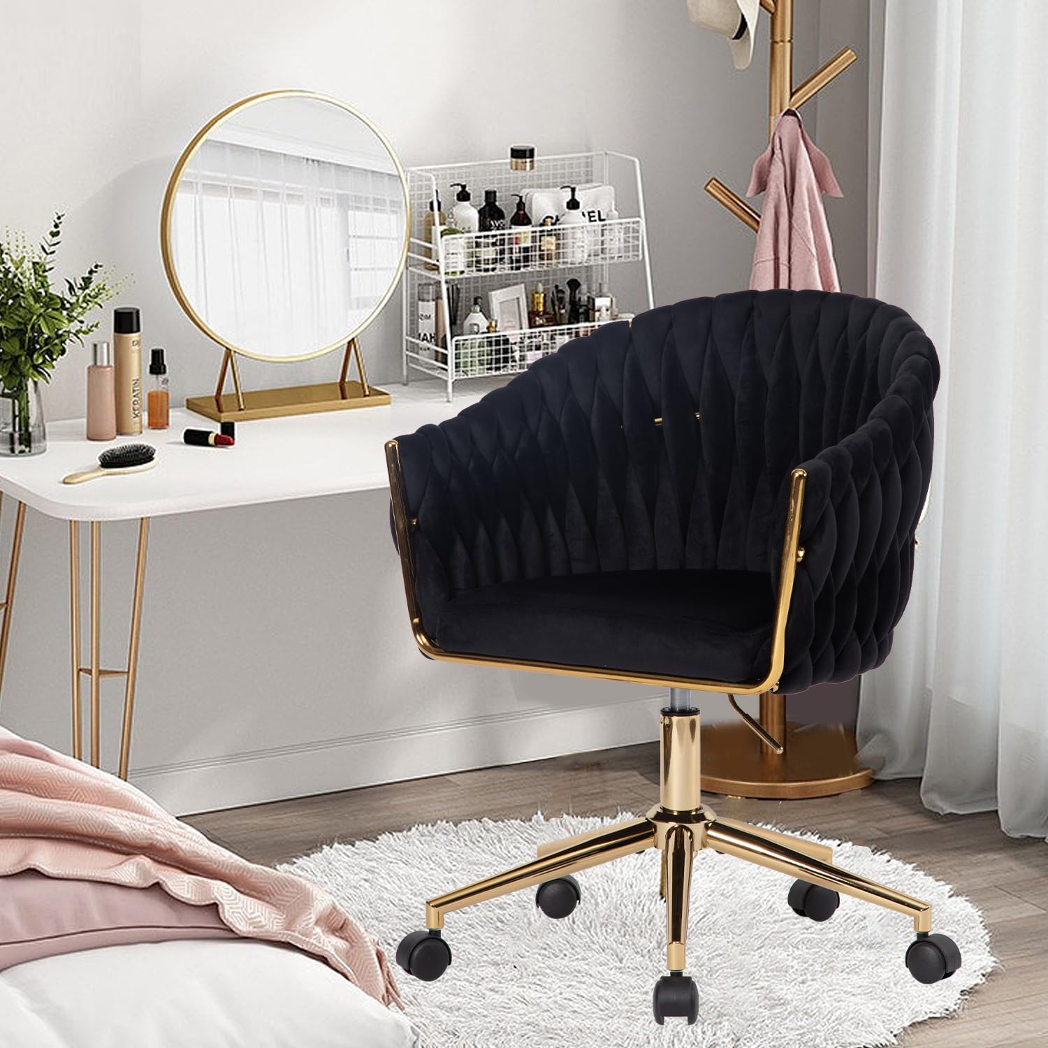 Comermax Velvet Office Chair with Hand Woven, Vanity Chairs with Golden Wheels, 360° Swivel Home Office Desk Chair Computer Chairs, Accent Chair Makeup Chair for Bedroom, Living Room(Black): Black