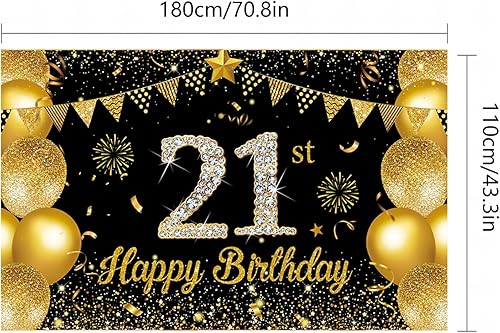 Miniatura 4 de Cartel de feliz cumpleaños 21 para decoración de fondo con 70.8 x 43.3 pulgadas, cartel brillante dorado de 21 cumpleaños para decoración de