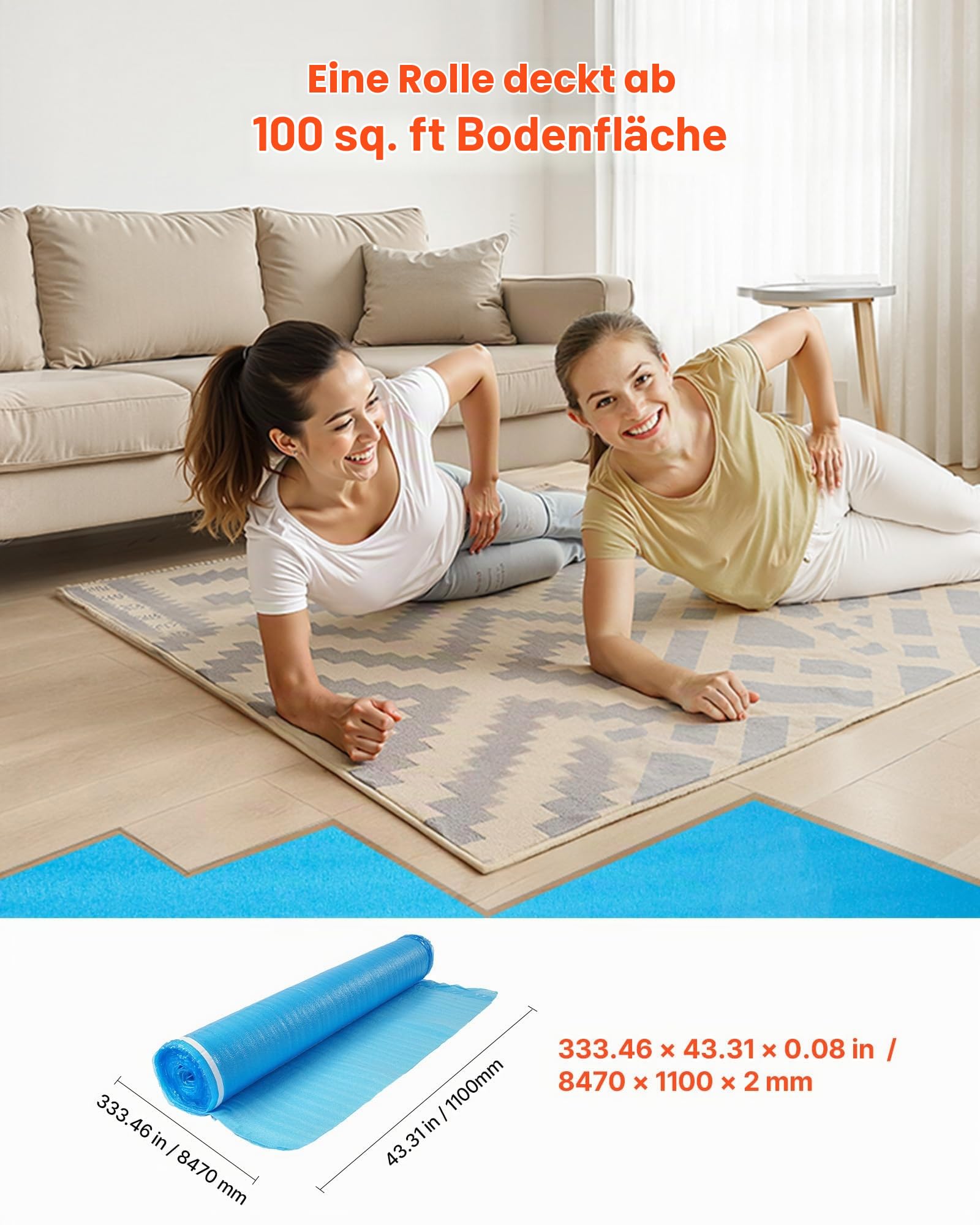 VEVOR 3x Trittschalldämmung, 27,9 m², 3-in-1 3 mm dicke Dämmungunterlage mit Klebeband & Dampfsperre, EPE-Schaum mit blauem PE, Schalldämmung & Geräuschreduzierung, für Laminat-Holzböden