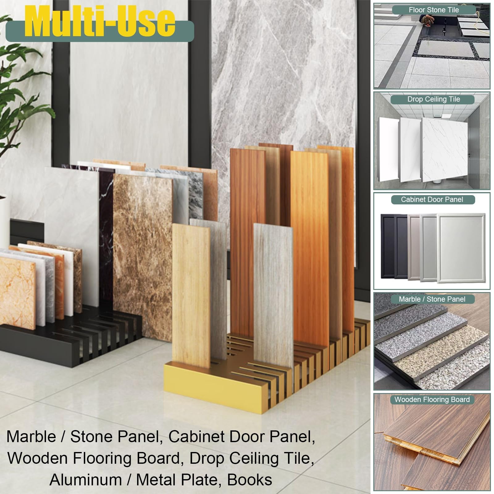 Estante de exhibición de azulejos de metal de 28 ranuras para losas de mármol, versátil para pared, suelo y techo, organizador resistente para materiales de construcción a granel, ideal para salas de
