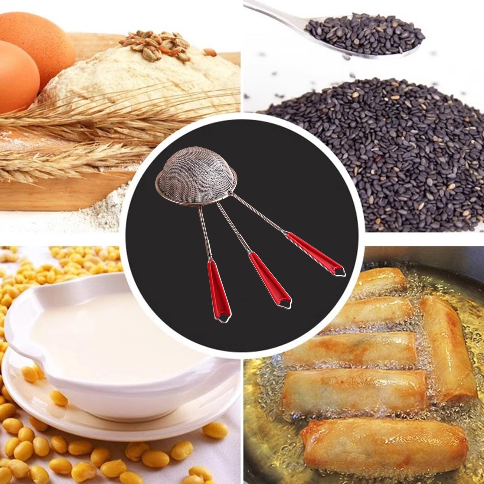 Tamiz de harina de acero inoxidable, tamiz de cocina de acero inoxidable de 3 piezas, colador de freír profundo, tamiz de malla fina, cocina para colar o drenar