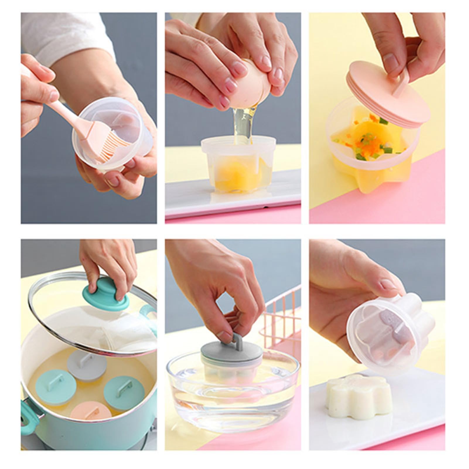 Lot De 4 Moules à œufs Avec Couvercle + Pinceau à Huile - Formes Variées (cœur, étoile, Fleur, Cercle) - Rose, Sans BPA