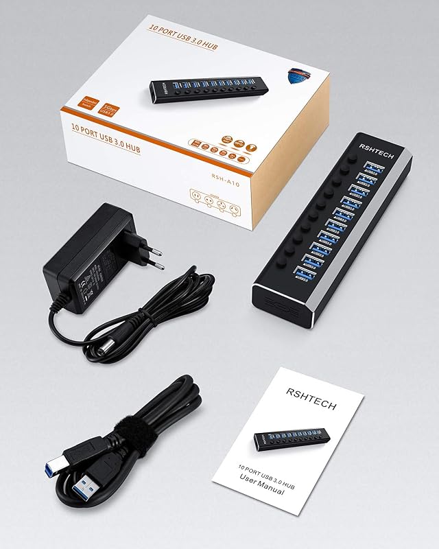 RSHTECH USB 3.0 Hub 10 Port Aktív Alumínium Elosztó 36W Tápegységgel