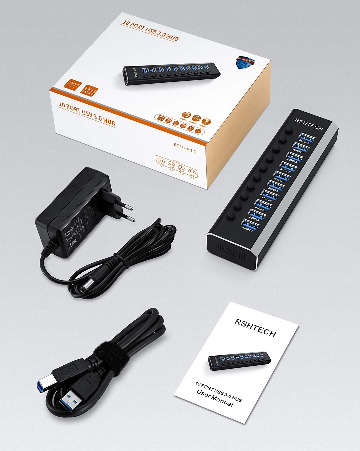 RSHTECH Hub USB Attivo 3.0 con 36W(12V/3A) di Alimentazione Alluminio 10 Porte USB 3.0 Hub con Interruttori di LED e Adattatore di Alimentazione Separati per Linux, Windows, Mac OS e Altro (RSH-A10)