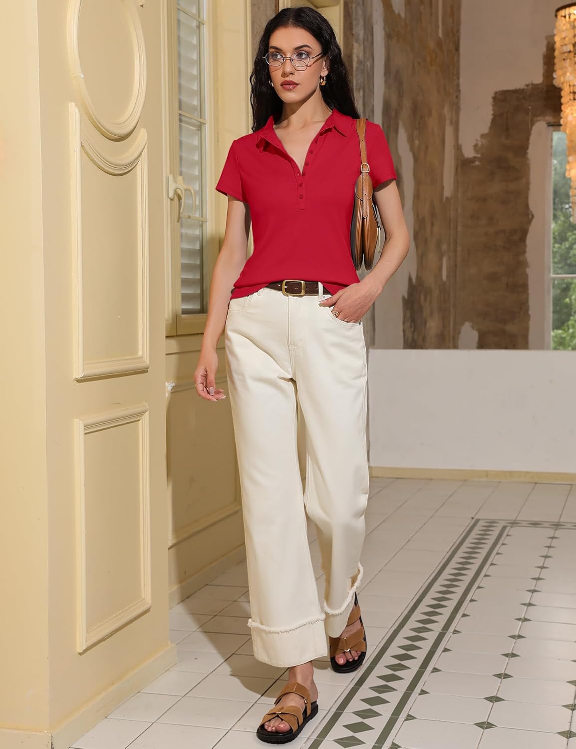 Prettywear Womens Short Sleeve V Neck Polo Shirts Dressy Casual Work Collared Button Summer Slim Fit Tops - Image 3