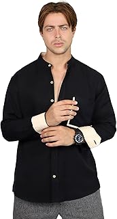 قميص كاجوال باكمام طويلة من القطن والكتان للرجال بازرار سفلية سادة باكمام مطوية للصيف والشتاء (ليل)