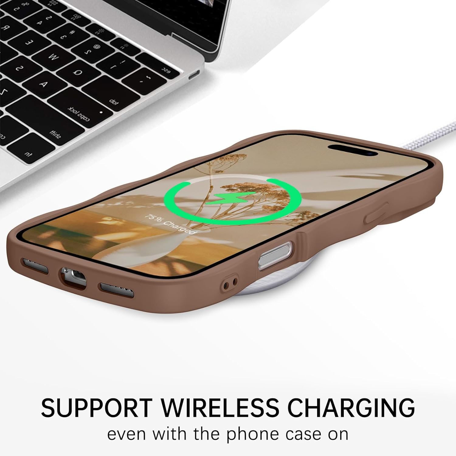 GUAGUA for iPhone 17 Pro Case with Wrist Strap, Wavy Edge Phone Case Cute Curly Shape with Adjustable Wristband Kickstand Shockproof Anti Slip Phone Case for iPhone 17 Pro 6.3'', Brown - Image 9