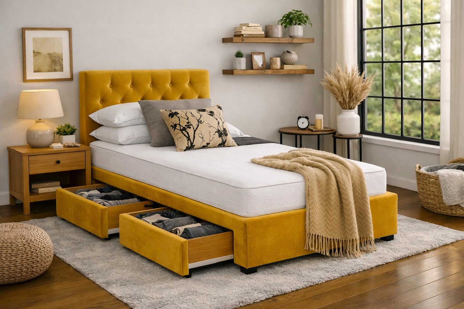 Divan Bed with Mattress | Single 3FT | Choice of Colours | 2 Storage Drawers | Toronto Headboard | Bed Frame with Mattress Included (Mustard Plush Velvet)
