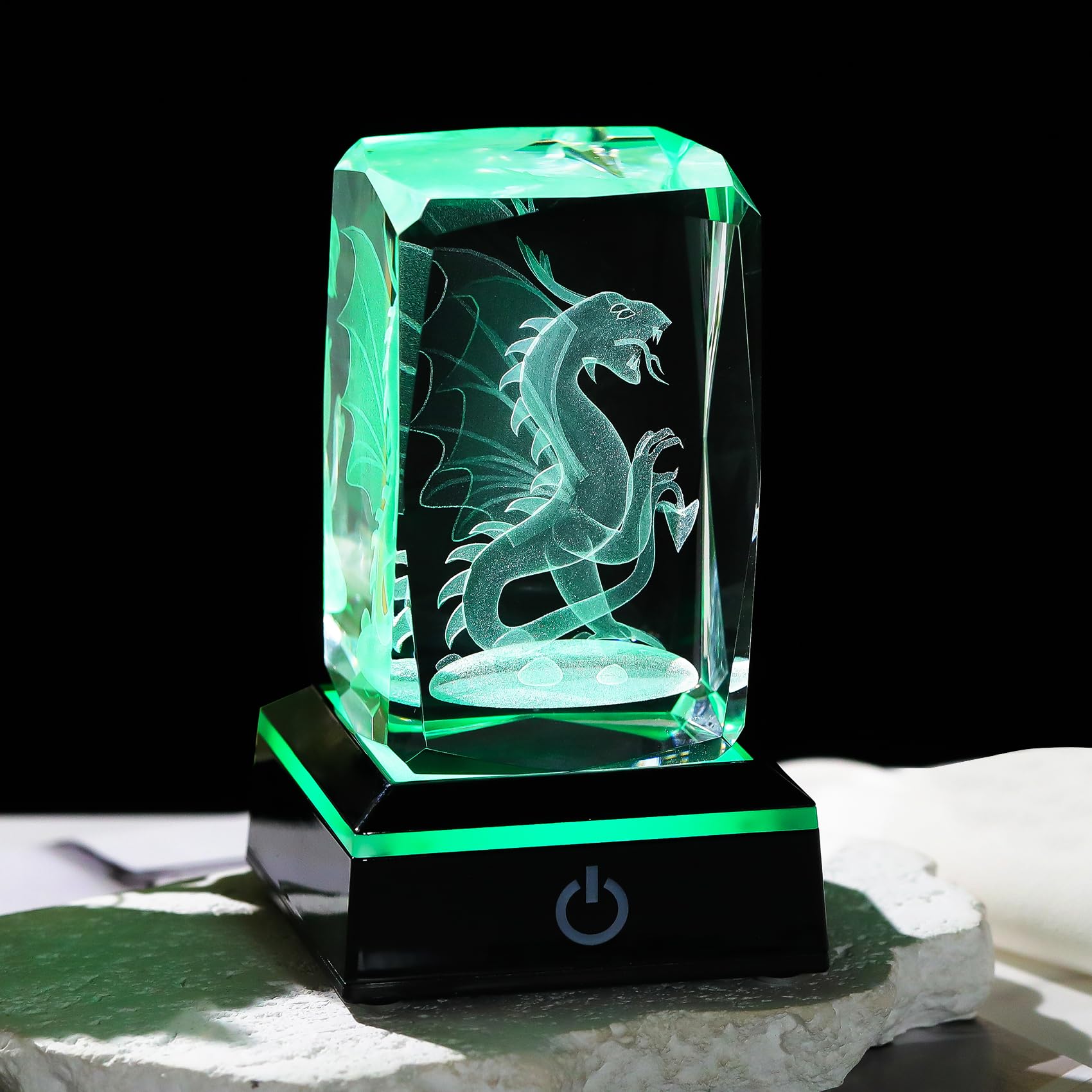 Ornalrist Crystal 3D Engraved Dragon Figurines Cube with Colorful LED Light Stand Gifts for Him Boy Dragon Statue Stuff Decorations