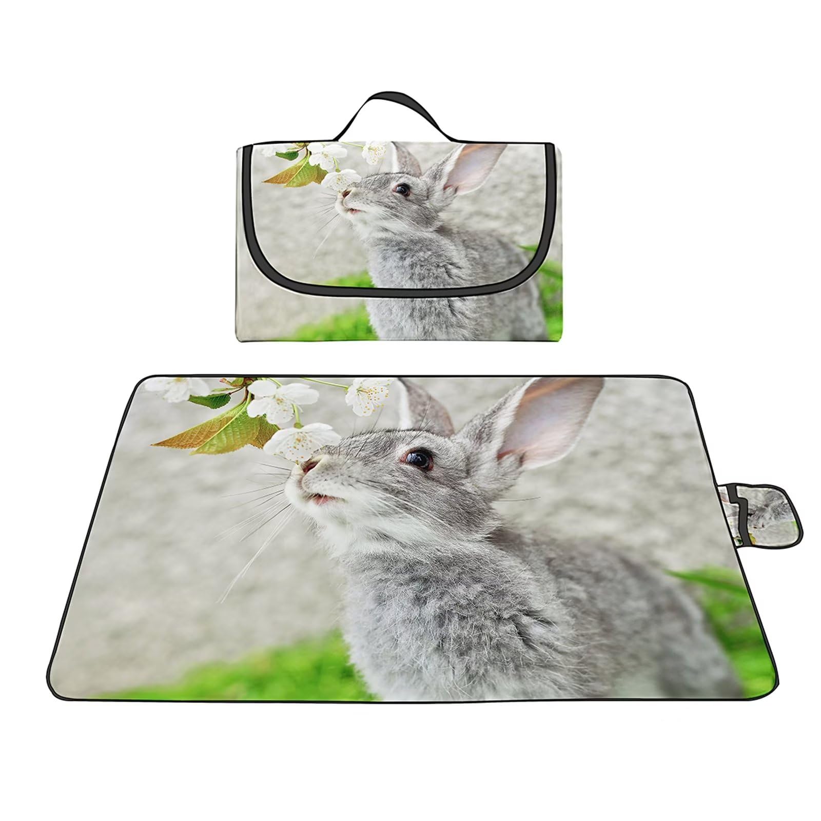 Couverture Pique-nique Imperméable 150x200cm,Couverture Plage Extérieure XXL Tapis de Plage Anti Sable,Fleur Lapin Camping Couverture étanche Pique-nique avec Poignée pour Camping Randonnée Parc Plage