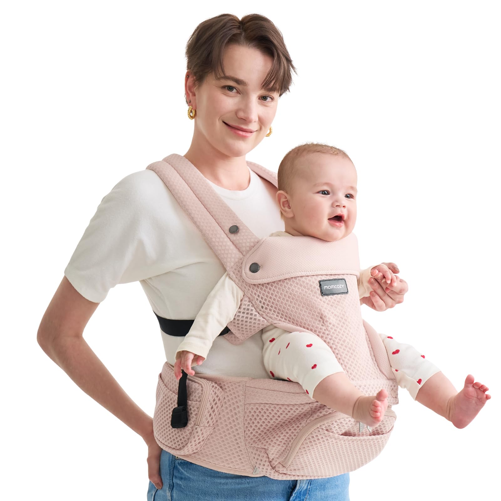Momcozy Babytrage mit Hüftkissen 2-in-1 bis 20kg Rosa | 6 Tragepositionen, abnehmbarer Hüftsitz, 3D-Mesh, verstellbar bis 120cm