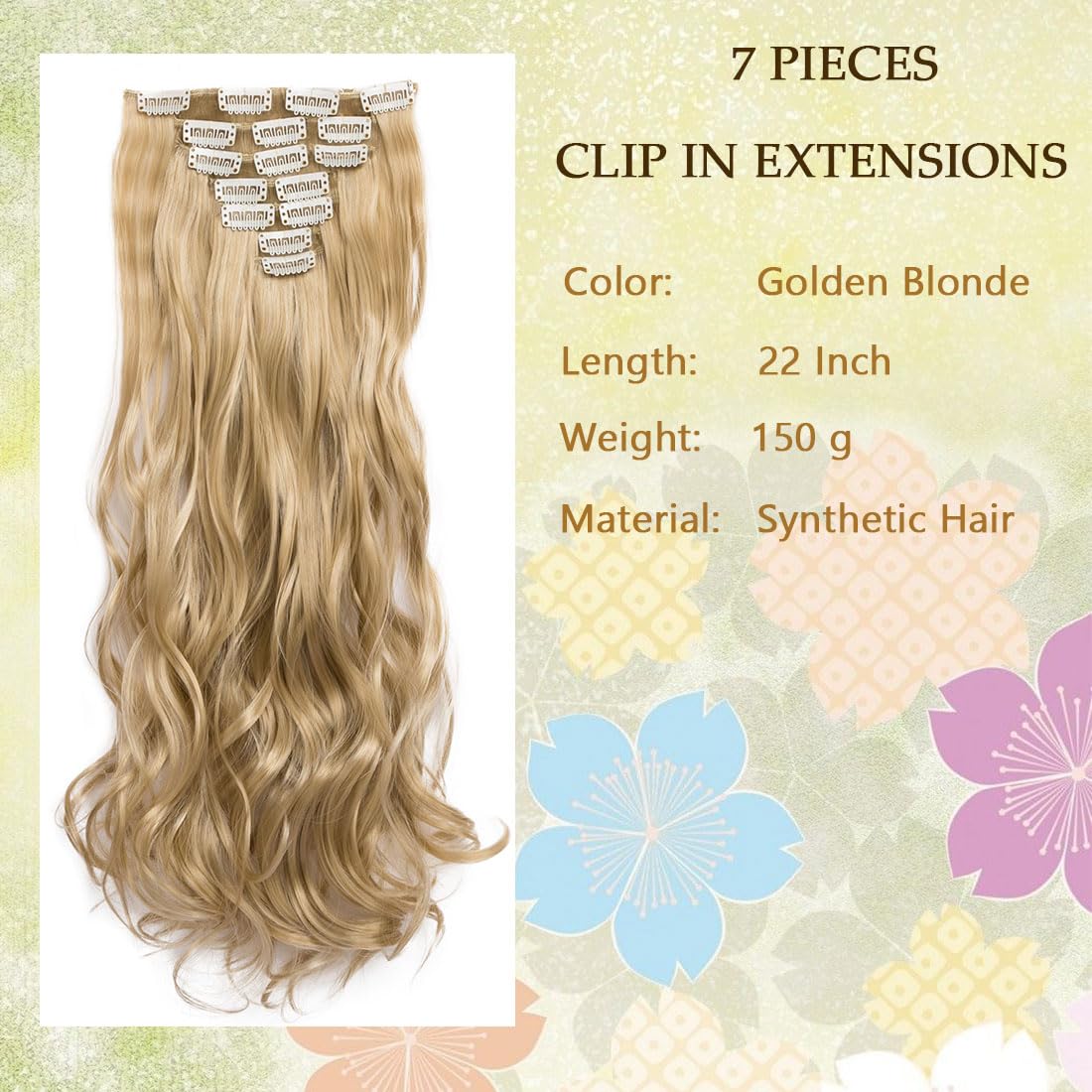 Swy Hair Clip in Hair Extensions Body Wave 22 inches 7Pcs 150g Straight Hair Synthetic Hair Extensions (W-Golden Blonde, Wavy) - Image 2
