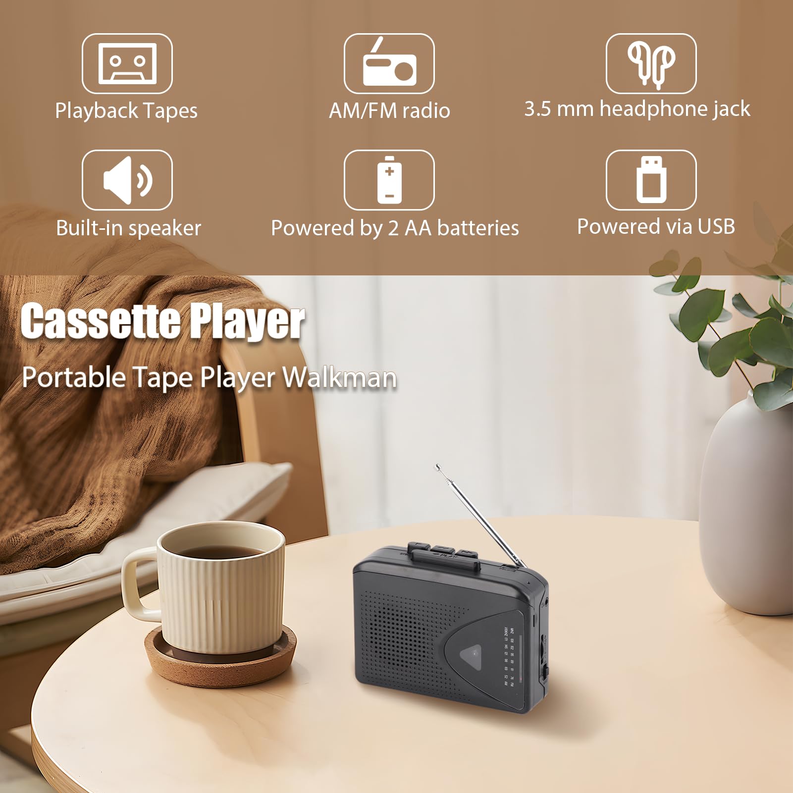 Reproductor de Casete, Reproductor de Cinta Portátil Walkman con Conector de 3,5 Mm, Batería de Soporte Y Alimentado por USB, Búsqueda Manual de Canales FM Canal FM Am