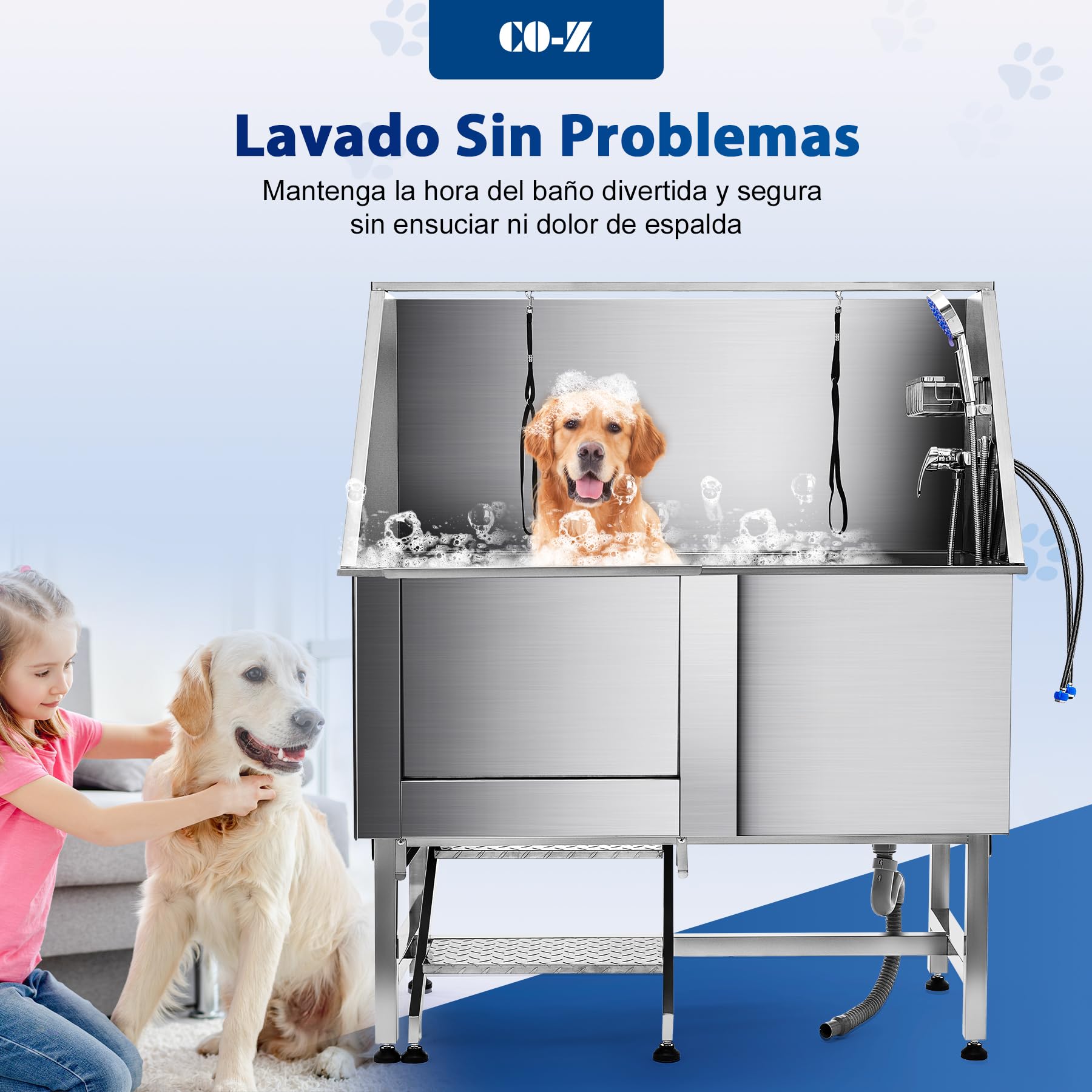 CO-Z Bañera de Aseo Profesional para Perros 127cm de Ancho Bañera de Acero Inoxidable para Mascotas Capcidad 115kg Bañera para Perros con Escaleras, Puerta Corrediza, Grifo,Correa