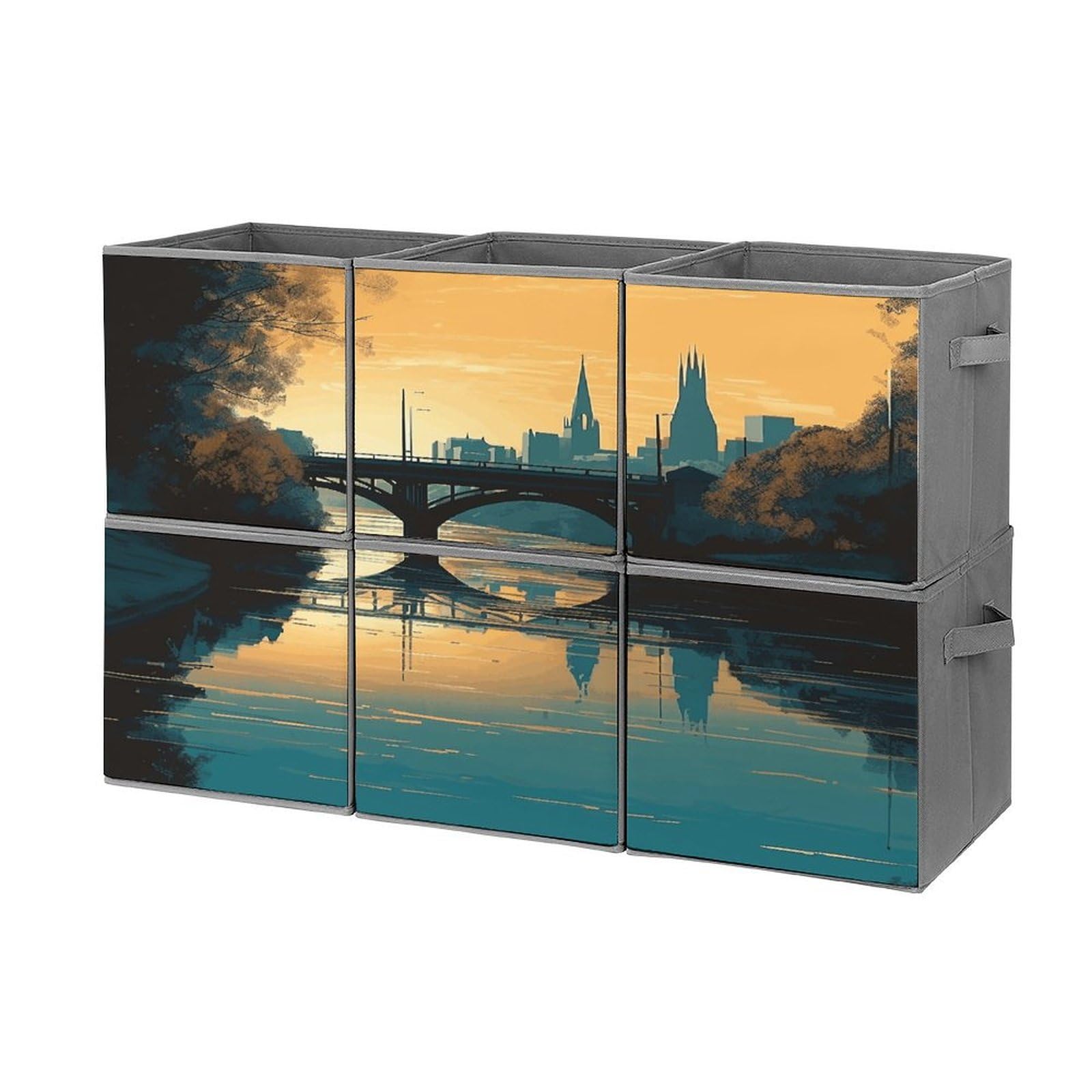 Btcowzrv Style Hand Drawn Buildings Storage Cubes, 6 Pack Oxford Fabric Foldable Collapsible Bins With Handles, Cubby Storage Baskets Boxes For Closet Shelves Office Organization
