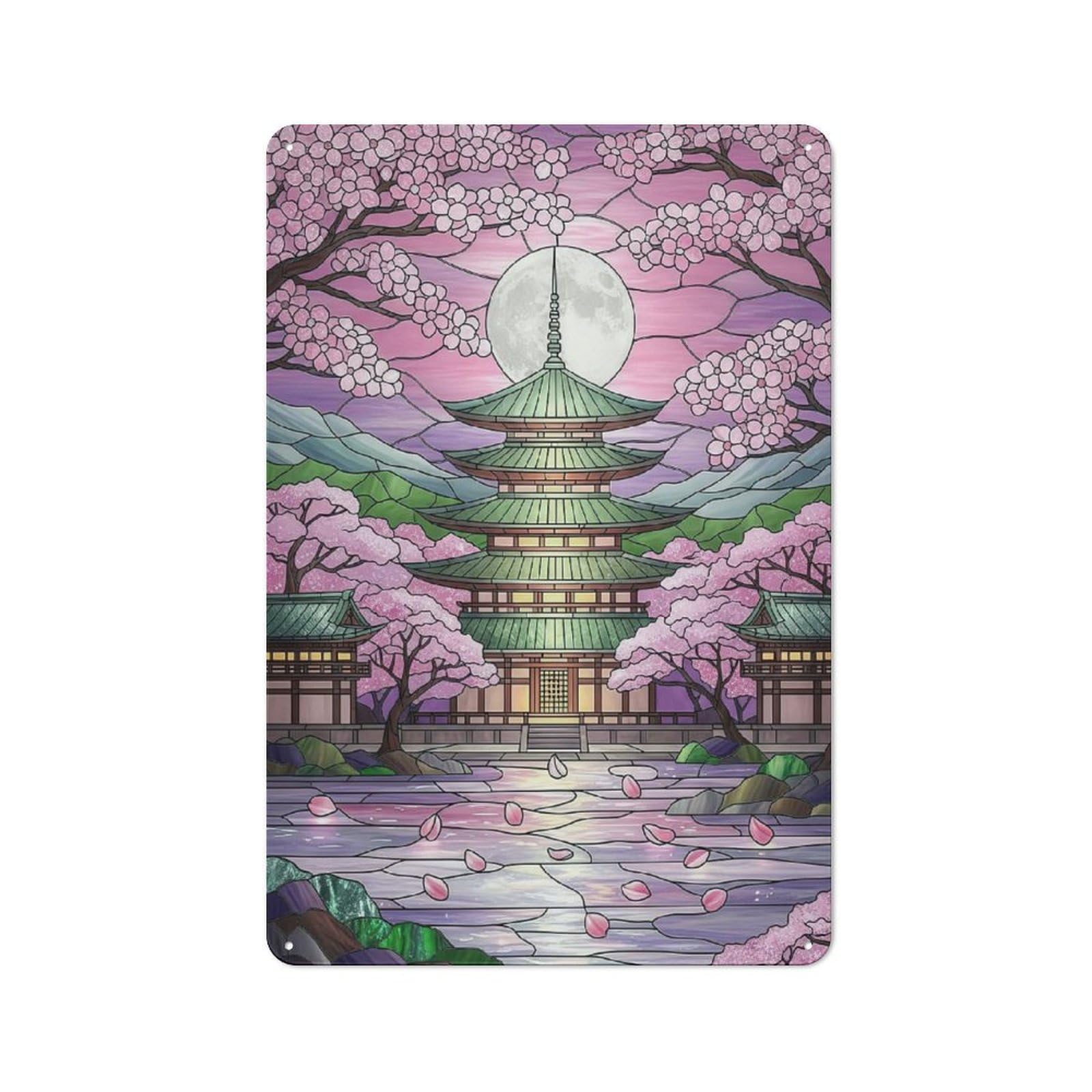 Junmoney Style Tin Wall Plaque 30X20cm With Japanese Cherry Pagoda Stained Glass For Workshop Wall, Housewarming Wall Decor For People Furnishing Workshop