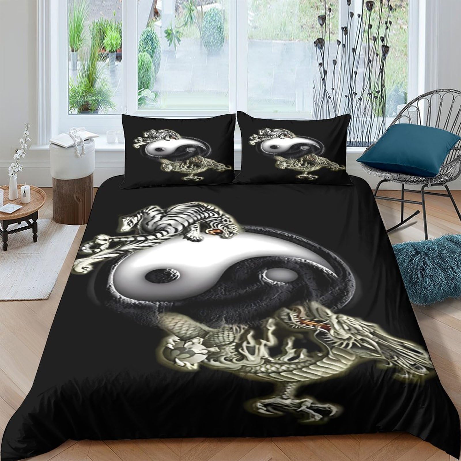 Ctjqhvkz Style-5 3D Printed Yin Yang Dragon Fitted Sheet Microfiber Soft Black Gold Bed Cover For Bedroom Dorm Mattress Decor Single（135X200cm）